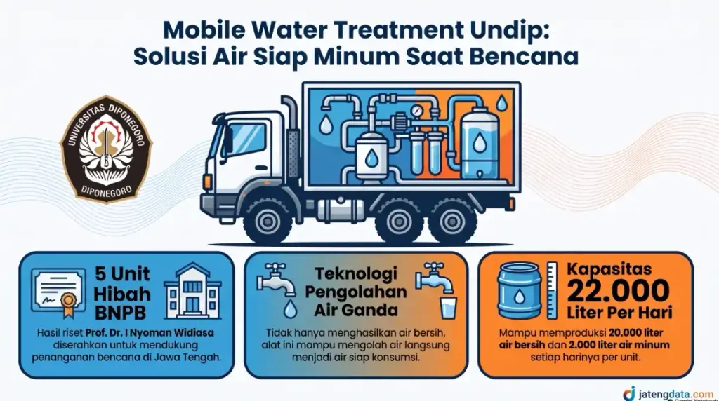Infografis 2D vector art menampilkan truk mobile water treatment unit Undip dengan rincian hibah 5 unit BNPB, teknologi pengolahan air ganda, dan kapasitas produksi 22.000 liter per hari.
