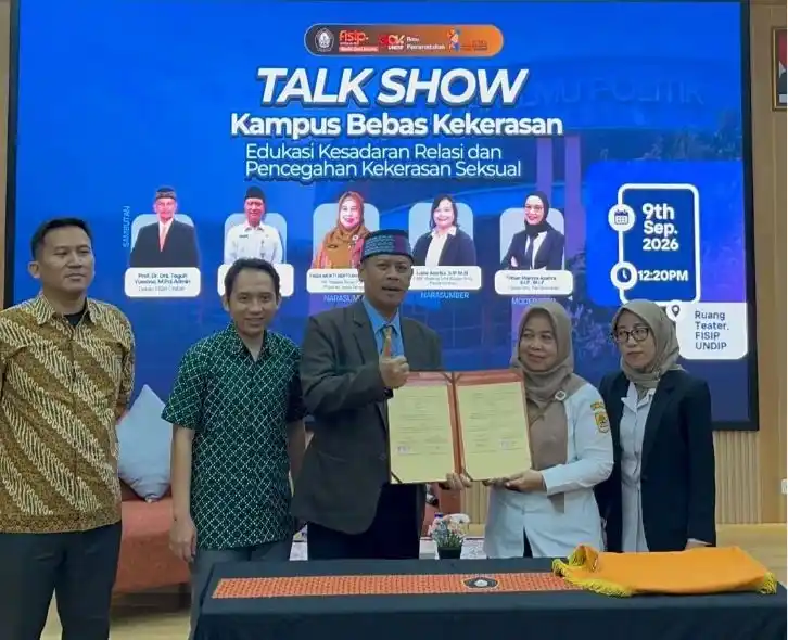 Penandatanganan dokumen kerja sama antara FISIP Undip dan DP3AKB Pemprov Jateng dalam upaya pencegahan dan penanganan kasus kekerasan seksual mahasiswa di lingkungan kampus.