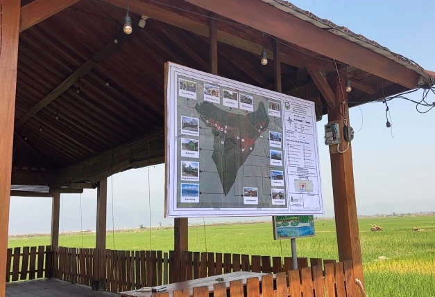 Papan cetak Peta Desa Asinan terpasang di bangunan kayu berlatar persawahan sebagai panduan tata ruang dan pariwisata.