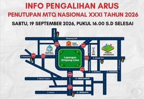 Peta rute pengalihan arus lalu lintas kendaraan di kawasan Simpang Lima Semarang menjelang acara penutupan MTQ nasional 2026.