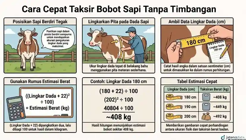 Infografis panduan teknik pita ukur sapi, rumus perhitungan bobot, dan contoh estimasi berat badan untuk peternak