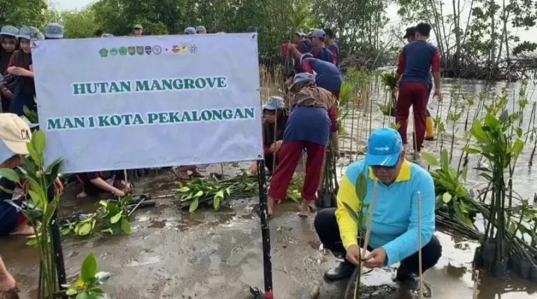 Warga dan kelompok pelajar melakukan aksi penanaman bibit mangrove di pesisir Pantura Jawa Tengah sebagai benteng ekologis dan mitigasi penurunan muka tanah sebelum berdirinya proyek strategis Giant Sea Wall Pantura.