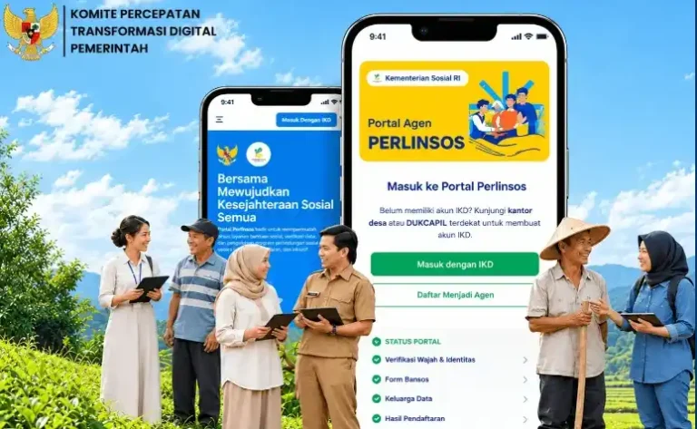 Ilustrasi antarmuka aplikasi Portal Perlinsos dari Komite Percepatan Transformasi Digital Pemerintah yang digunakan masyarakat dan petugas untuk proses pengecekan bansos 2027.