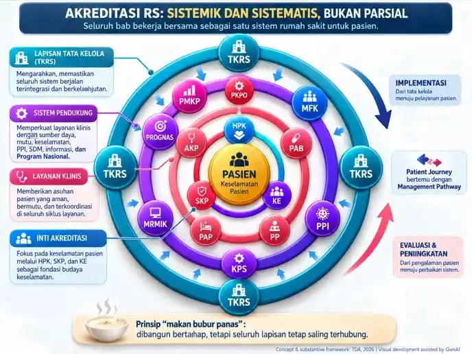 Diagram lingkaran konsentris sistem akreditasi rumah sakit yang menempatkan pasien dan keselamatan pasien sebagai pusat layanan terintegrasi.