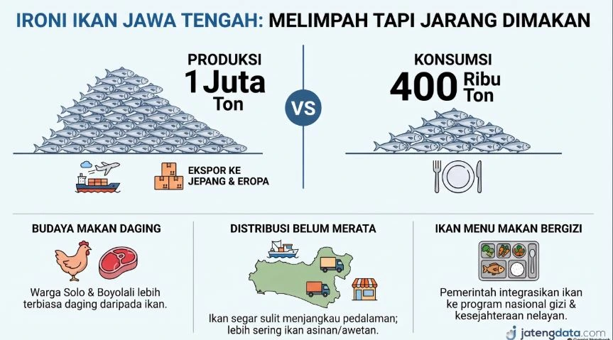 Infografis berjudul Ironi Ikan Jawa Tengah yang membandingkan angka produksi ikan sebesar 1 juta ton dengan tingkat konsumsi yang hanya 400 ribu ton.