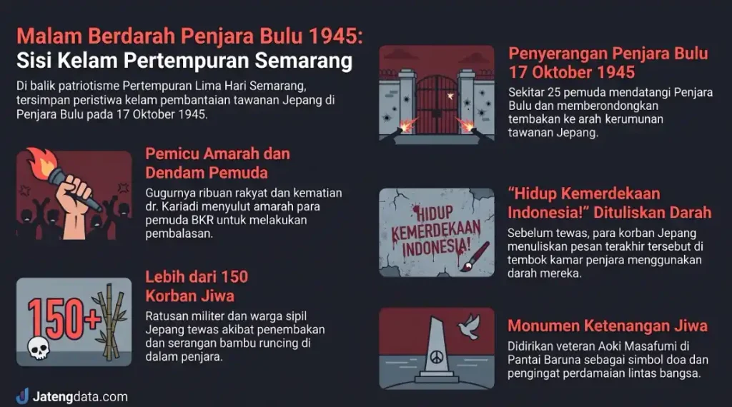 Infografis Malam Berdarah Penjara Bulu 1945 yang merangkum sisi kelam Pertempuran Lima Hari Semarang, mulai dari penyerangan 17 Oktober 1945, lebih dari 150 korban jiwa tawanan Jepang, goresan darah Hidup Kemerdekaan Indonesia, hingga Monumen Ketenangan Jiwa di Pantai Baruna