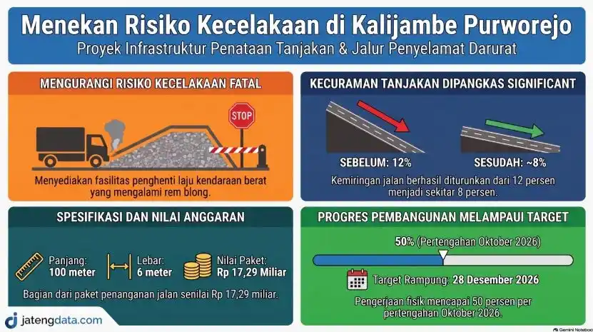 Infografis data penataan tanjakan dan pembangunan Jalur Penyelamat Darurat di Kalijambe Purworejo untuk menekan risiko kecelakaan fatal.