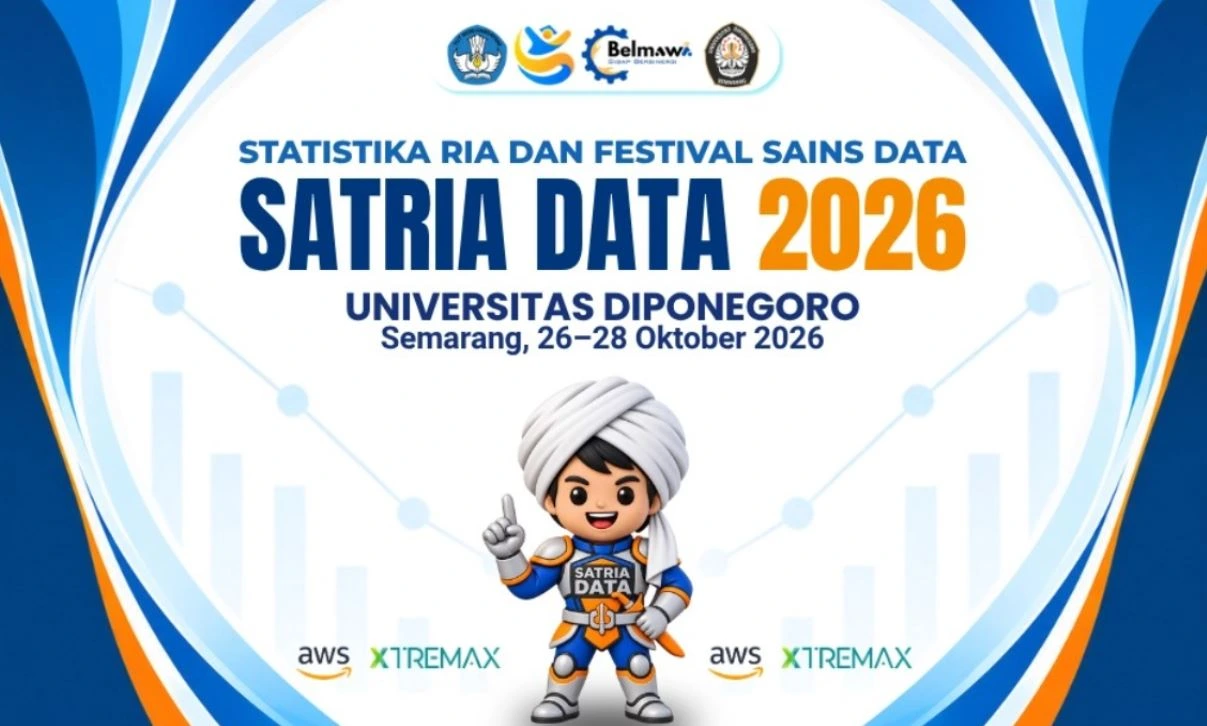 Banner resmi ajang Statistika Ria dan Festival Sains Data (Satria Data) 2026 di Universitas Diponegoro Semarang.