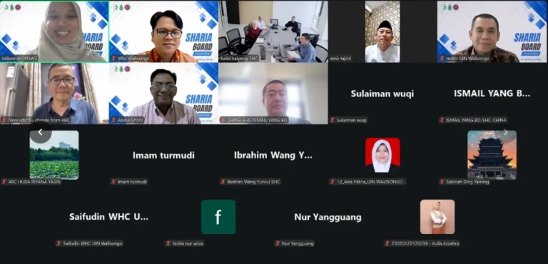 Tangkapan layar suasana pelatihan daring Sharia Board International Training oleh Walisongo Halal Center UIN Walisongo bagi peserta SDM syariah dari China.
